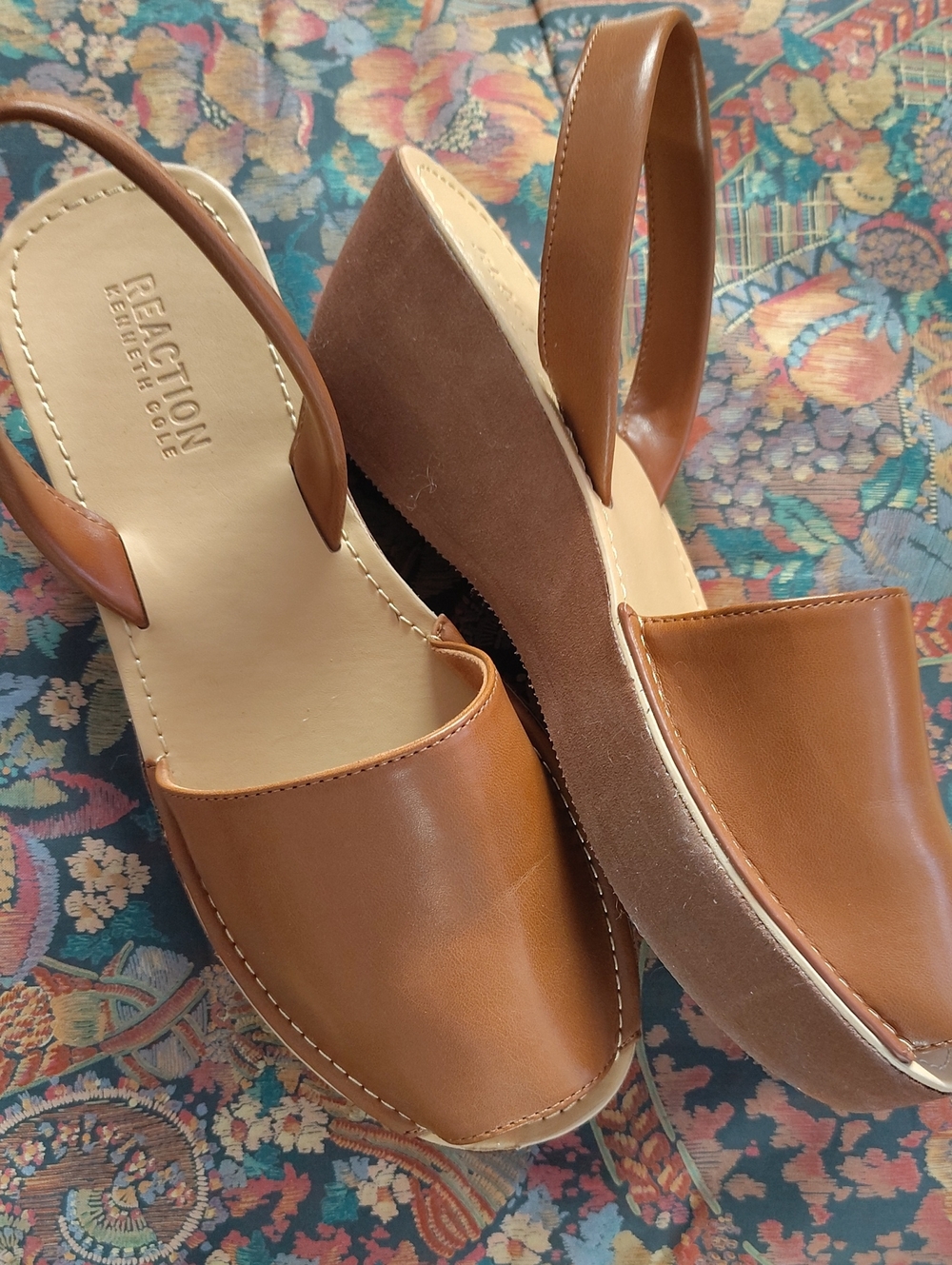 Reaction Kenneth Cole Women's Brown Leather Slingback Wedge Sandals